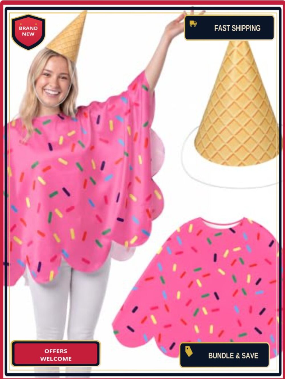 2 Pc Ice Cream Costume Set Cape & Waffle Cone Hat Halloween Cosplay